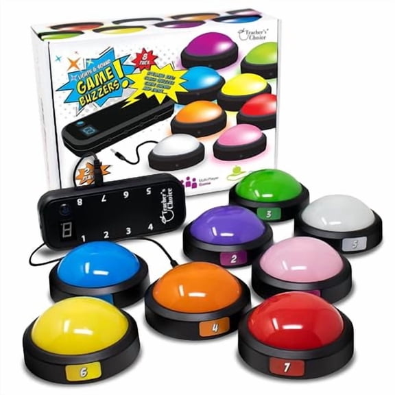 Teacher's Choice Light-up Game Buzzer System, Displays the Winning Player, Loud Unique Sounds for Each Buzzer, Great for Trivia Games, Family Feud and Jeopardy, 8 Pack