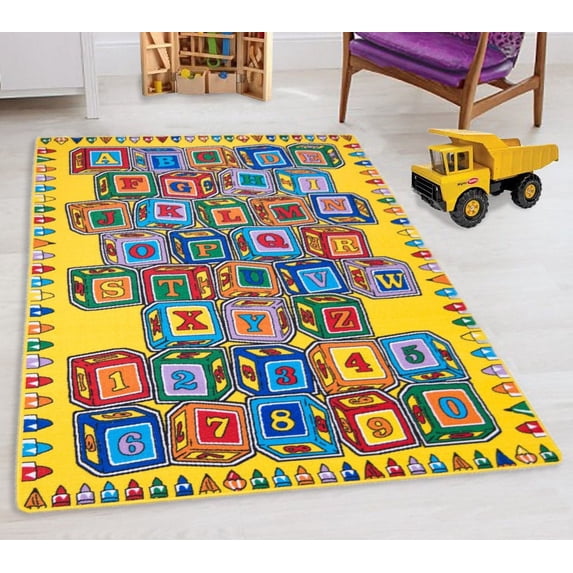 Teaching ABC Blocks Party accent Kids Educational play mat For School/Classroom / Kids Room/Daycare/ Nursery Non-Slip Gel Back Rug Carpet-3 by 5 feet