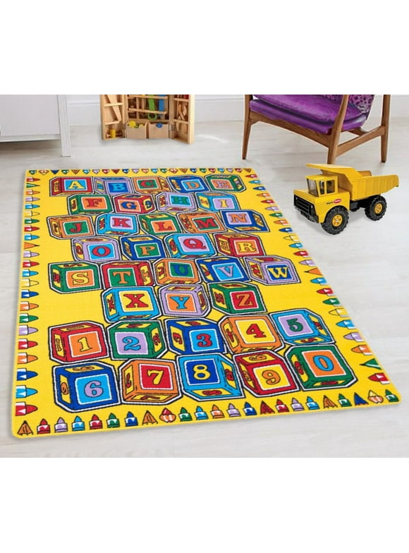 Teaching ABC Blocks Party accent Kids Educational play mat For School/Classroom / Kids Room/Daycare/ Nursery Non-Slip Gel Back Rug Carpet-5 by 7 feet