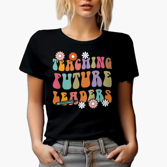 Teaching Future Leaders, Teacher Quote with Cute Flowers & Pencil, Groovy Retro Wavy Text Merch Gift, Black T-Shirt, Medium