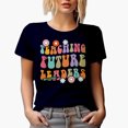 thumbnail image 1 of Teaching Future Leaders, Teacher Quote with Cute Flowers & Pencil, Groovy Retro Wavy Text Merch Gift, Navy Blue T-Shirt, Small, 1 of 5
