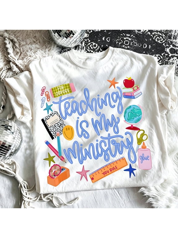 Teaching Is My Ministry Teacher Life Graphic T‑Shirt Women, Cute School Supply Casual Short Sleeve Tee