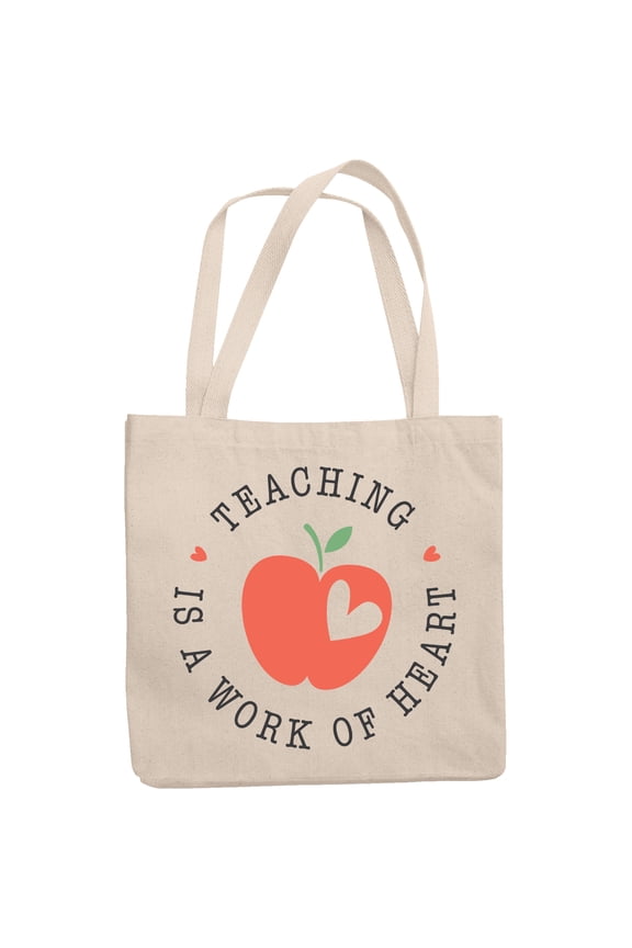 Teaching Is a Work of Heart Quote with Apple Art, Teacher Merch Gift, 12oz Canvas Tote Bag