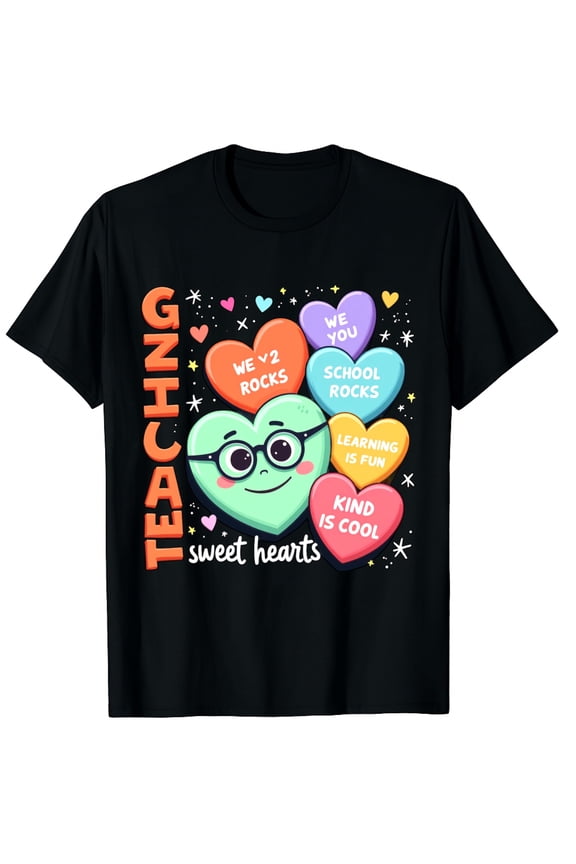 Teaching Sweethearts Teacher Valentine Heart Candy Graphic Black T-Shirt for Men and Women