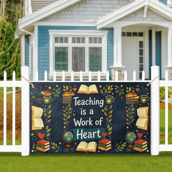 Teaching is a Work of Heart Classroom Banner 3x5ft Dark Chalkboard Background Yard Fence Hanging Flag with Brass Grommets, Book Globe Coffee Teacher Appreciation Porch Wall Decor