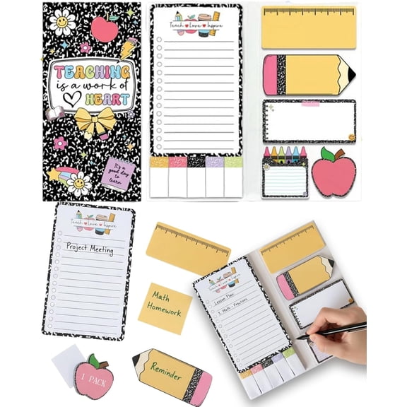 Teaching is a Work of Heart Sticky Note Set - Cute Sheets Pencil Shape Sticky Note Pads Variety Pack - Perfect for Reminders, Textbook Notes, Office Documents, Or Personal Journaling(Q)