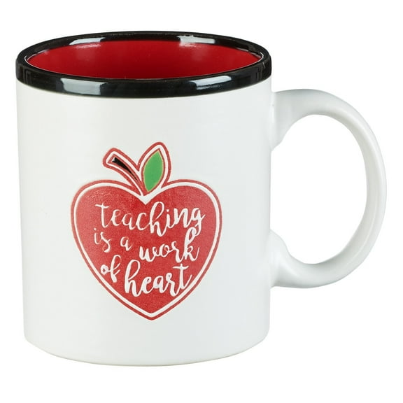 Teaching is a Work of Heart Coffee Mug, w/Red Heart Apple, Teacher Appreciation End of Year Gift, 13oz White Ceramic Microwave Dishwasher Safe