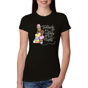 Teaching is a Work of Heart Pop Culture Womens Slim Fit Junior Tee, Black, Large