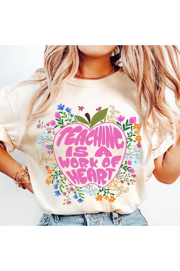 Teaching is a Work of Heart T-Shirt, Preppy Teacher Floral Shirt, Apple Teacher Tee, Teach Love Inspire Shirt, Teacher Gift Tee