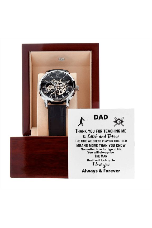Teaching me to catch & Throw Openwork Watch - Men's Openwork Watch - Mahogany Gift Box
