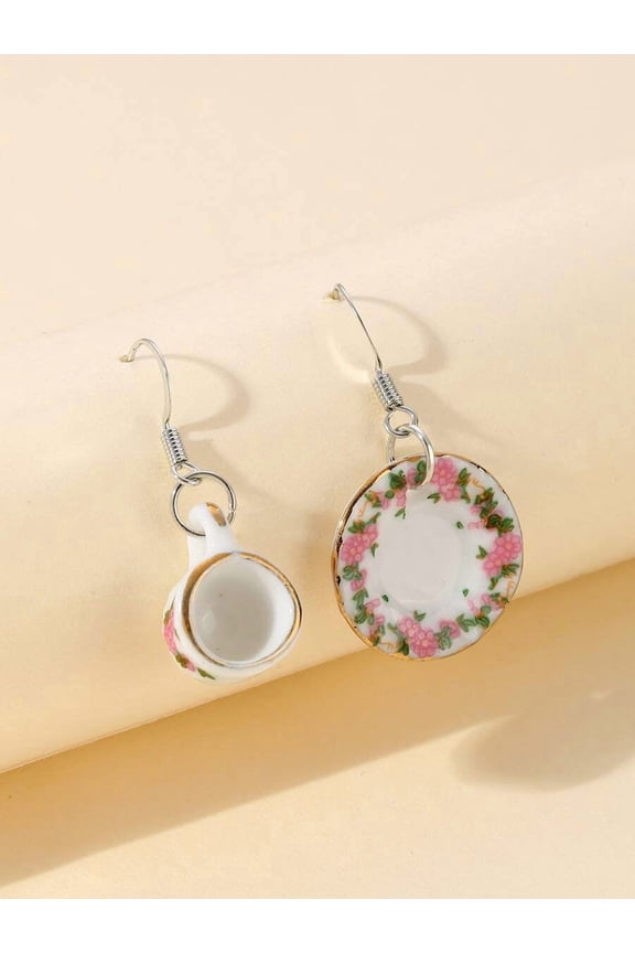 Teacup And Saucer Dangle Earrings Multicolor Porcelain Floral Design