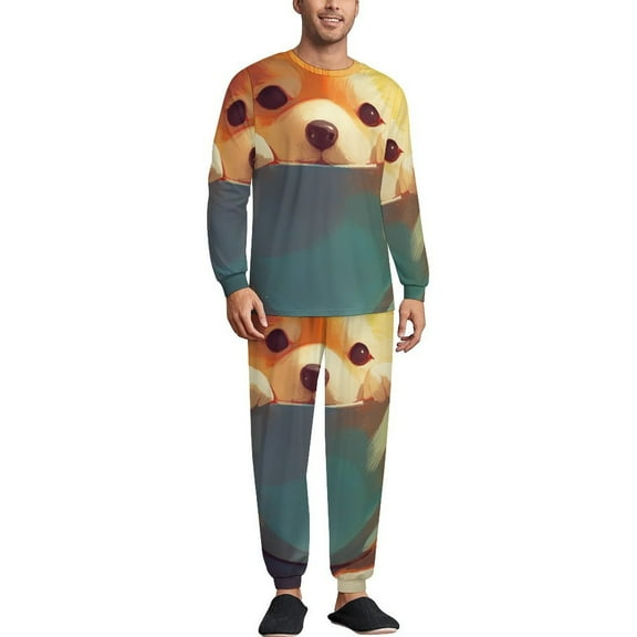Teacup Corgi Men's Pajama Set Sleepwear Pjs Lightweight Long Sleeve Crewneck Shirts and Bottoms Soft Comfy Sleep Sets XS