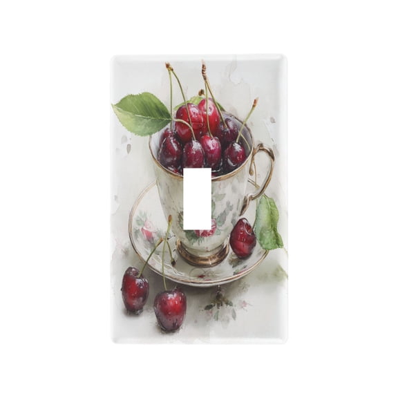 Teacup Filled with Cherries Decorative Wall Plate, Flame Retardant PC Plastic Light Switch & Outlet Cover with Mounting Screws Fits Toggle Switch