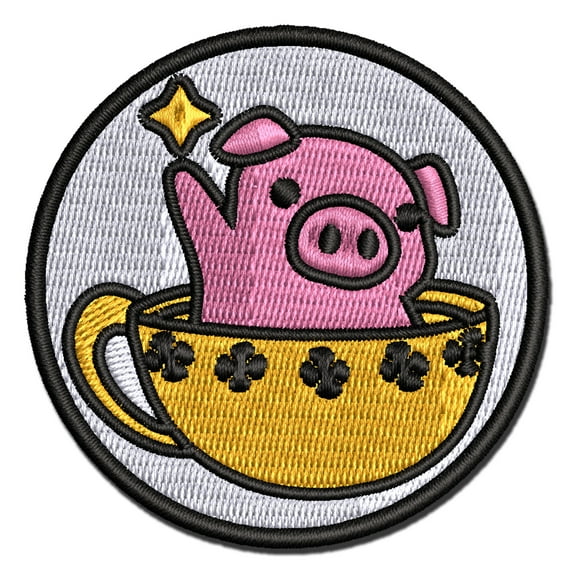 Teacup Pig Applique Multi-Color Embroidered Iron-On Patch - 2.0 Inch Mini