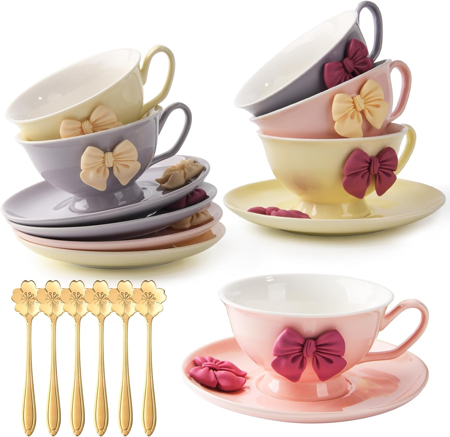 Bone China Tea Cup And Saucer Set Of 6 With Gold Trim - 18-Piece Porcelain Set With Spoons For Afternoon Tea (7oz Cups)