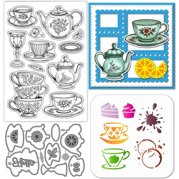 Teacup Teapot Cake Clear Stamps Cutting Dies PET Painting Stencils for Card Making Flowers Splatter Texture Silicone Stamp Metal Words Die Cuts PET Paint Stencils for DIY Scrapbooking diy