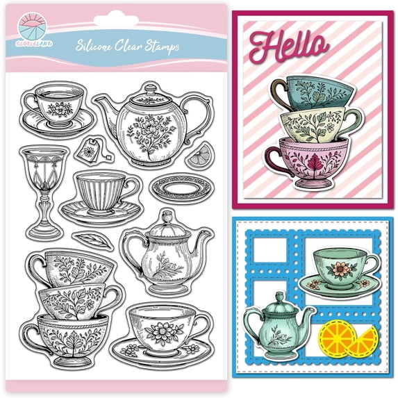 Teacup Teapot Clear Stamp for Scrapbooking Flower Pattern Silicone Stamps Vintage Tableware Transparent Stamp for Card Making DIY Embossing Journaling DIY Making