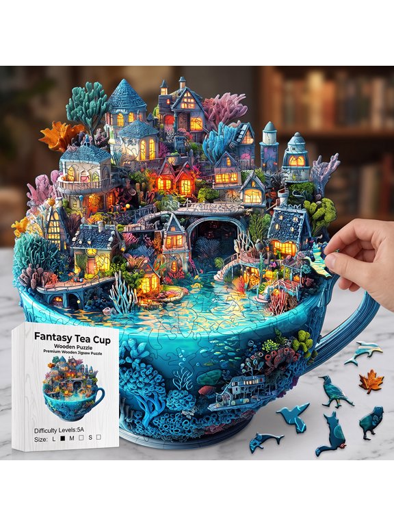 Teacup Underwater Town Irregular Wooden Jigsaw Puzzle, Unique Ocean Animal Shaped Wood Puzzle for Adults, 5A Hard Difficulty Fantasy Scenery Puzzle Gift