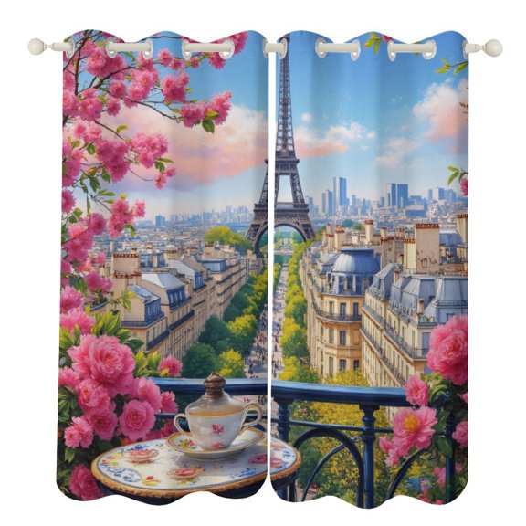 Teacup on Floral Table, Eiffel Tower View 2 Panels 3D Printing Pattern Curtain for Bedroom Living Room Kitchen Window Decoration Home