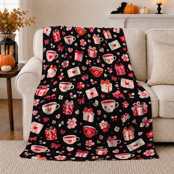 Teacups Presents and Hearts on Black, Sweet Cottagecore Style for Tea Lovers, Cozy Party Pattern and Birthday Gift, Cozy Flannel Blanket for Bedroom and Reading Nook, Home Decor