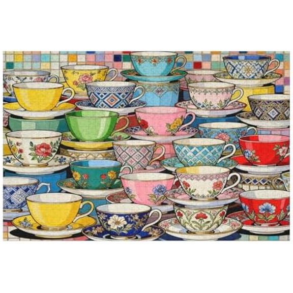 Teacups Wooden Jigsaw Puzzle 500 Pieces for Adults, Colorful Tea Time Coffee Cup Puzzle, Vintage Kitchen Art Puzzle for Relaxation and Home Decor, 20.5x15 in