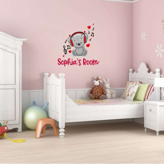 Teady Bear Music Head Phones Song Sing Personalized Name Girls Love Beautiful Crown Prince Unicorns Royalty Sweet Dreams Decorating Holiday Gift Ideas Wall Decal Sticker - Size: 20 In X 20 In
