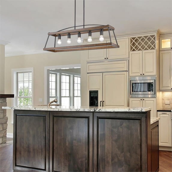 Golden Lighting Teagan 5-Light Linear Pendant in Natural Black with Rustic Oak Wood Accents