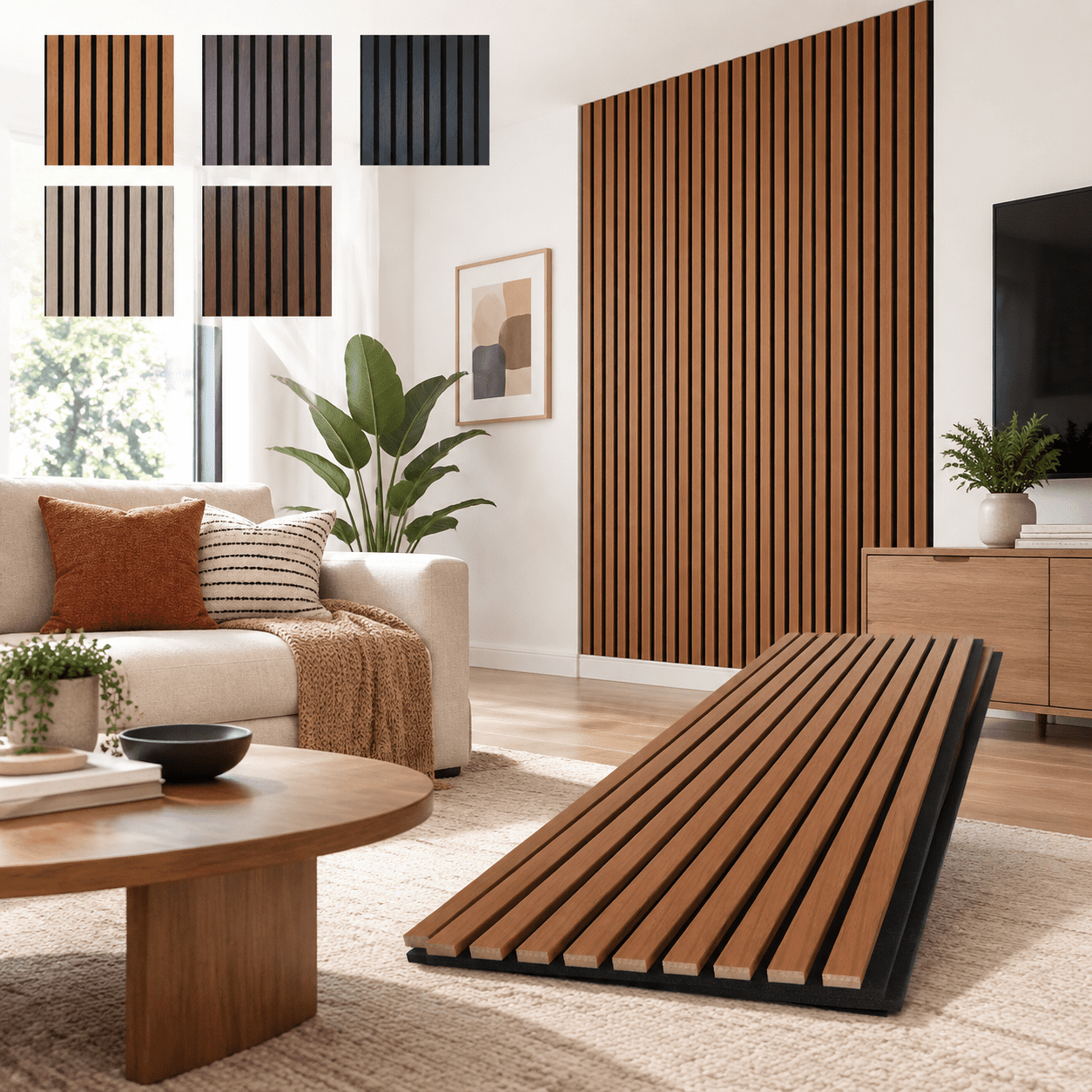 Teak 96" x 12.6" 4-Piece Acoustic Slat Wall Panels Decorative Sound ...