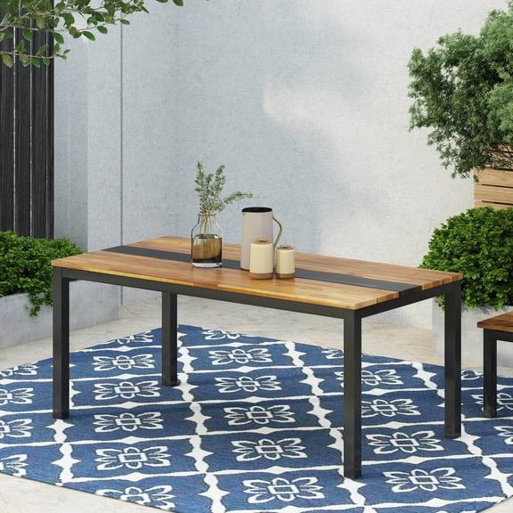 Teak Acacia Wood Dining Table with Metal Frame, 69-Inch Rectangular Outdoor Patio Table for 6-8 People, Industrial Style Dining Table for Garden, Deck, and Backyard
