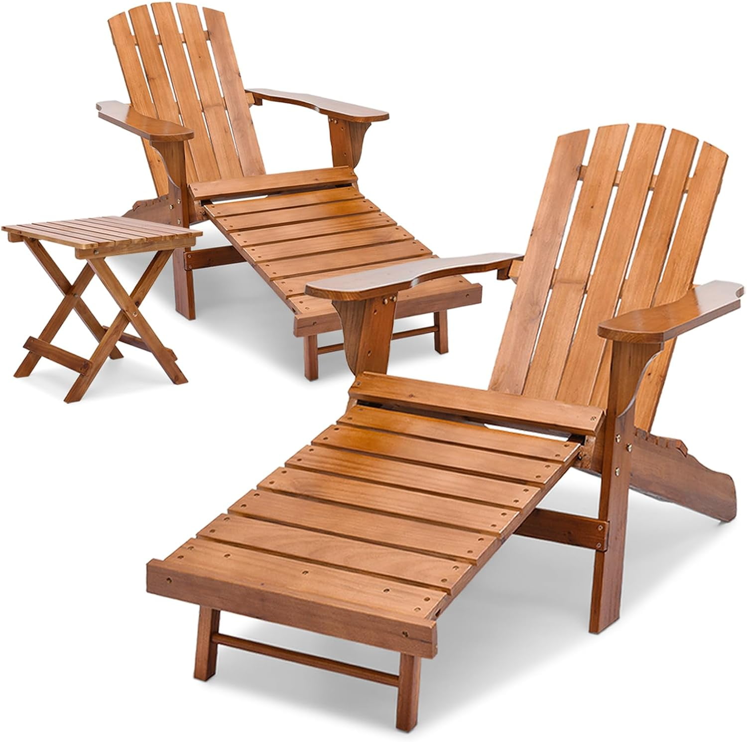 Teak Adirondack Chair Set With Table & Retractable Ottoman, Outdoor Fir