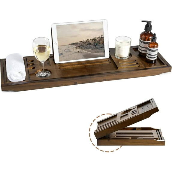 Teak Bathtub Tray | Adjustable Width Tray with Wine Holder, Tablet/Phone & Book Stand, Splash-Proof for Bath Time- Walnut