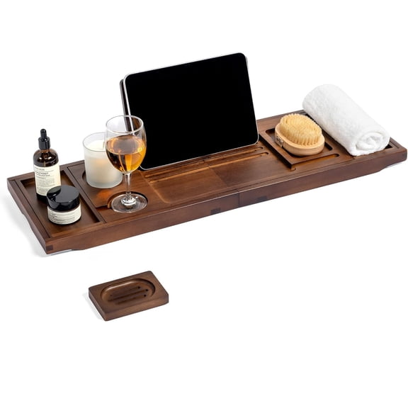 Teak Bathtub Tray, Bath Caddy with Wine Glass Holder, Phone Dock & Book Stand | Hands-Free Reading & Ultimate Spa Relaxation Experience-Natural