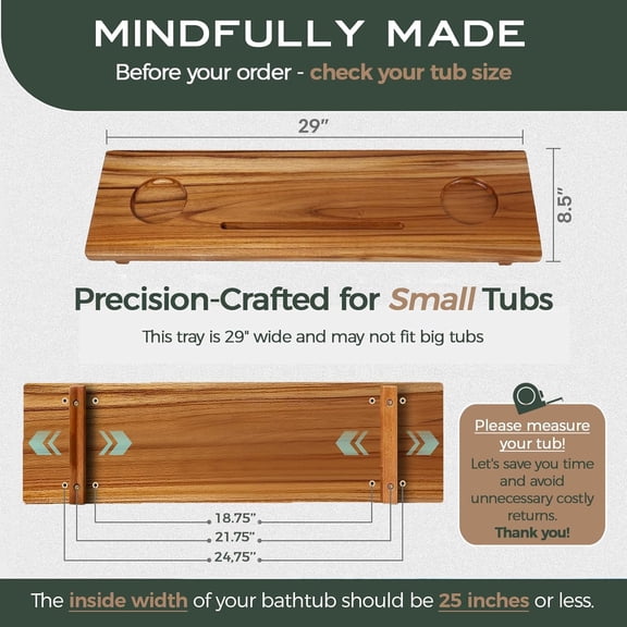 Teak Bathtub Tray for Tub 29 | Bath Tub Tray Wood for Small Tubs, Bath Tray for Tub, Bathtub Trays for Tub, Bath Table Tray for Home Spa | Fjord