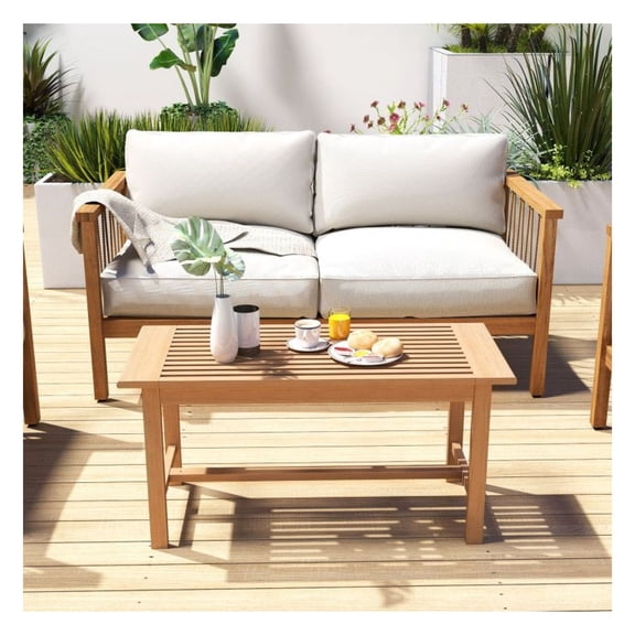 Teak Coffee Table 36 Inch, Rectangular Outdoor Side Table, Patio Furniture, Slatted Tabletop, Natural Finish, Garden & Poolside Use