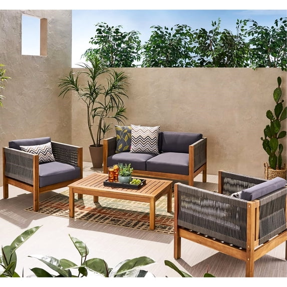 Teak Color - Modern Design Combining Rattan and Wood - Outdoor Patio Use - Durable and Stable Seating