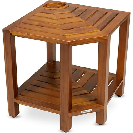 Teak Corner Shower Bench with Basket 17.5 Inch, Fully Assembled. The TeakRa
