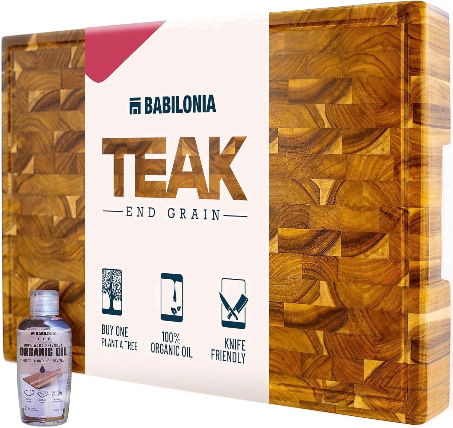 Babilonia Teak Cutting Board, 15.7 x 10.2 x 1.7 inch End Grain Wood Chopping Board with Juice Groove and Handle (Oil & Plate Included)