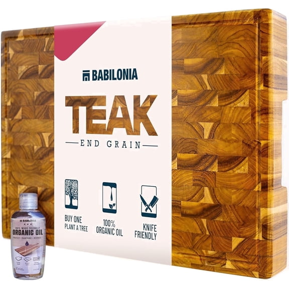 Babilonia Teak Cutting Board, 15.7 x 10.2 x 1.7 inch End Grain Wood Chopping Board with Juice Groove and Handle (Oil & Plate Included)