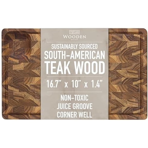 Teak Cutting Board for Kitchen (Large)  Thick Butcher Block with Juice Groove & Corner Well, Charcuterie Board, Food-Safe, Gift-Ready, 16.7 x 10 x 1.4 in$$Home Decor, Kitchen, & Other