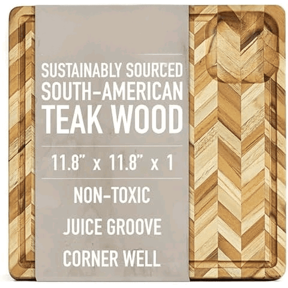 Teak Cutting Board for Kitchen (Small)  Herringbone Butcher Block with Juice Groove & Corner Well, Charcuterie Board, Food-Safe, Gift-Ready, 11.8 x 11.8 x 1 in$$Home Decor, Kitchen, & Other