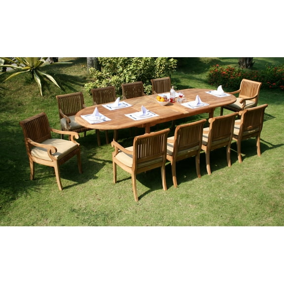 Teak Dining Set:10 Seater 11 Pc - 117" Double Extension Oval Table 10 Giva Arm / Captain Chairs Outdoor Patio Grade-A Teak Wood WholesaleTeak #WMDSGVs