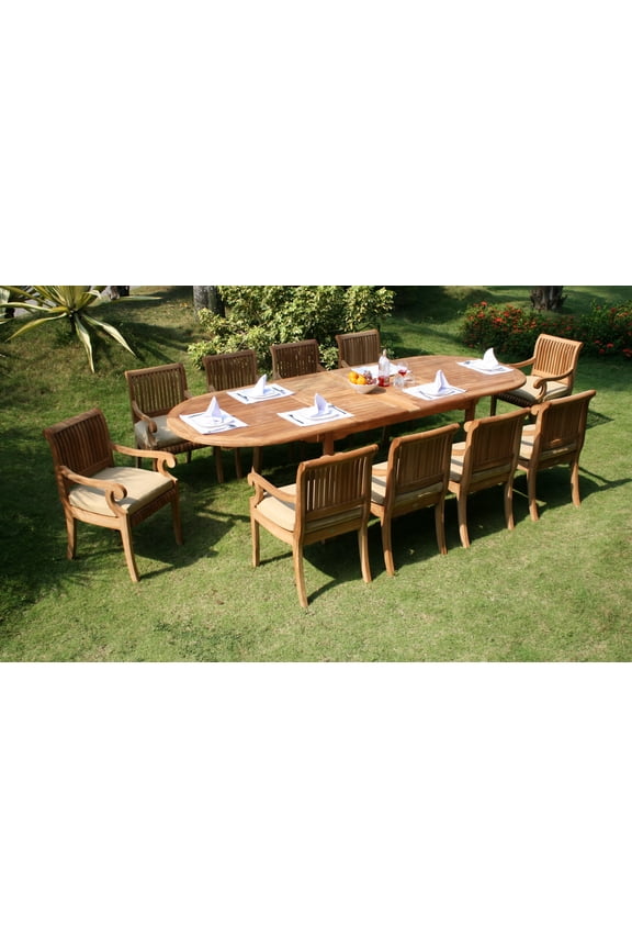 Teak Dining Set:10 Seater 11 Pc - 117" Double Extension Oval Table 10 Giva Arm / Captain Chairs Outdoor Patio Grade-A Teak Wood WholesaleTeak #WMDSGVs