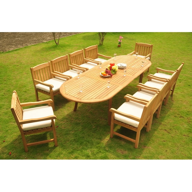 Teak Dining Set: 10 Seater 11 Pc: 117" Double Extensions Oval Dining Table & 10 Devon Arm/Captain Chairs Outdoor Patio Grade-A Teak Wood WholesaleTeak #WMDSDVy