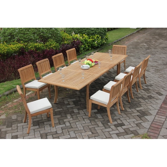 Teak Dining Set: 10 Seater 11 Pc: 117" Double Extensions Rectangle Dining Table & 10 Arbor Stacking Armless Chairs Outdoor Patio Grade-A Teak Wood WholesaleTeak #WMDSAB30