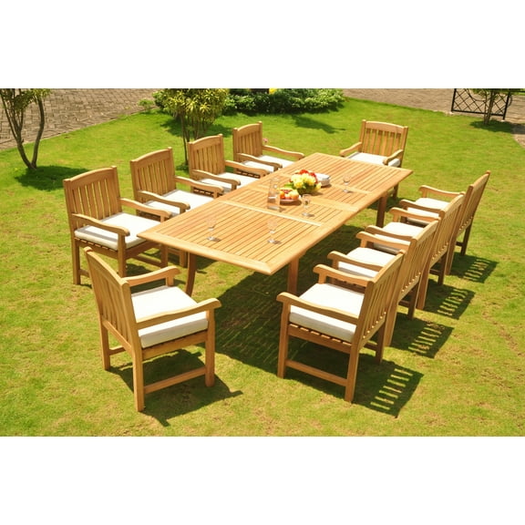 Teak Dining Set: 10 Seater 11 Pc: 117" Double Extensions Rectangle Dining Table & 10 Devon Arm/Captain Chairs Outdoor Patio Grade-A Teak Wood WholesaleTeak #WMDSDVv