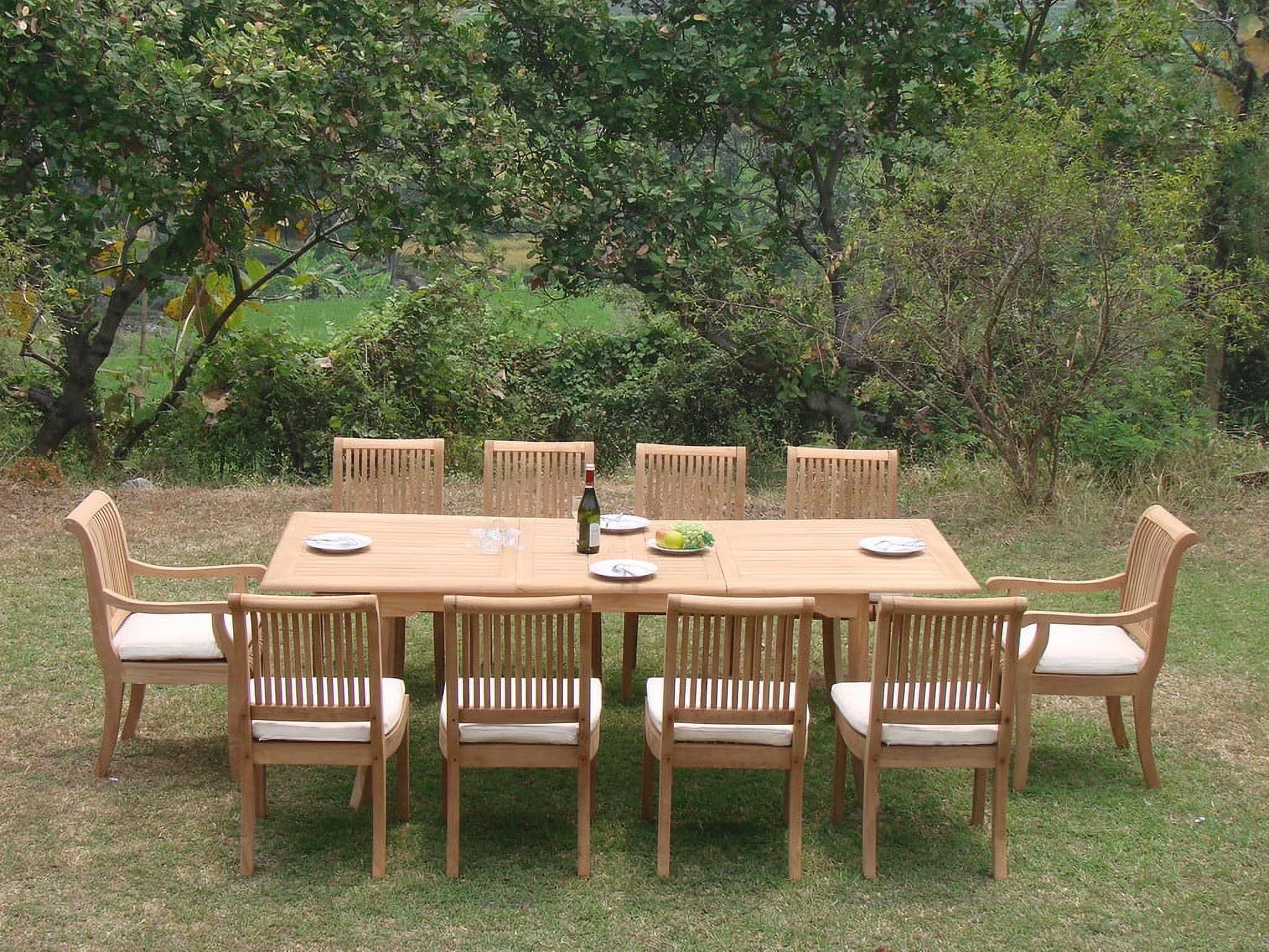 Teak Dining Set:10 Seater 11 Pc - 117" Mas Trestle Leg Double Extension Rectangle Table 8 Armless and 2 Giva Arm / Captain Chairs Outdoor Patio Grade-A Teak Wood WholesaleTeak #WMDSGVq - image 1 of 4
