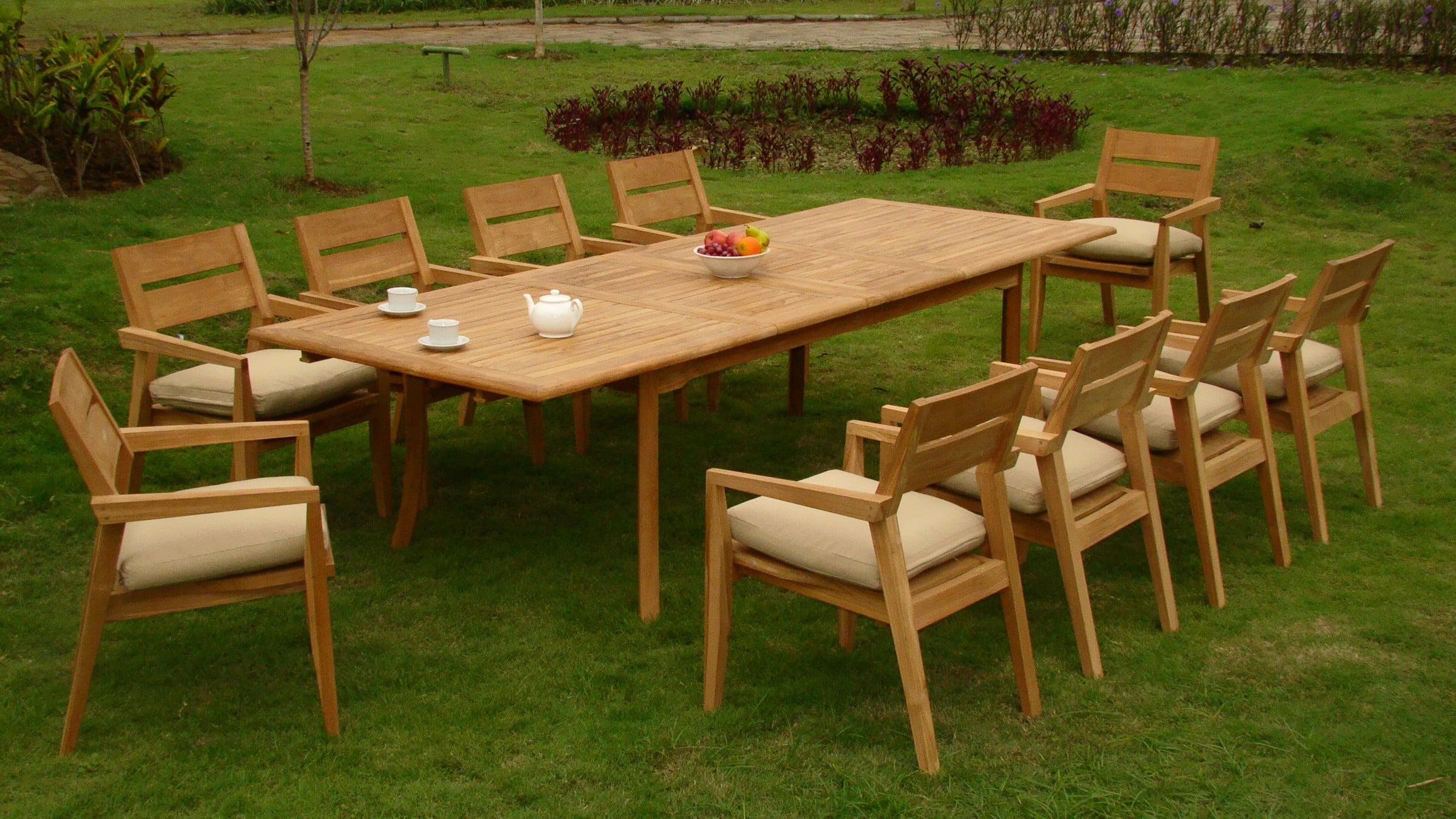 10 seater wooden store garden table and chairs