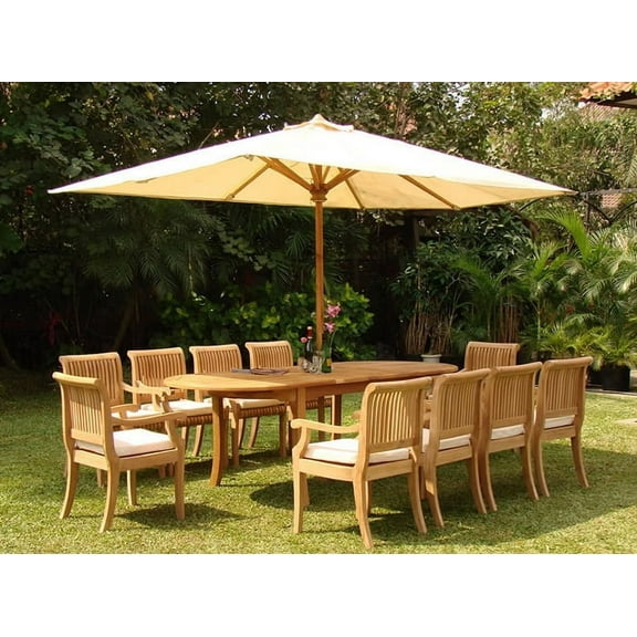 Teak Dining Set:10 Seater 11 Pc - 94" Double Extension Oval Table and 10 Giva Arm / Captain Chairs Outdoor Patio Grade-A Teak Wood WholesaleTeak #WMDSGVu
