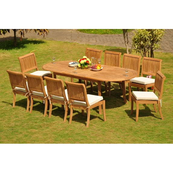 Teak Dining Set: 10 Seater 11 Pc: 94" Oval Table & 10 Stacking Arbor Armless Chairs Outdoor Patio Grade-A Teak Wood WholesaleTeak #WMDSABx