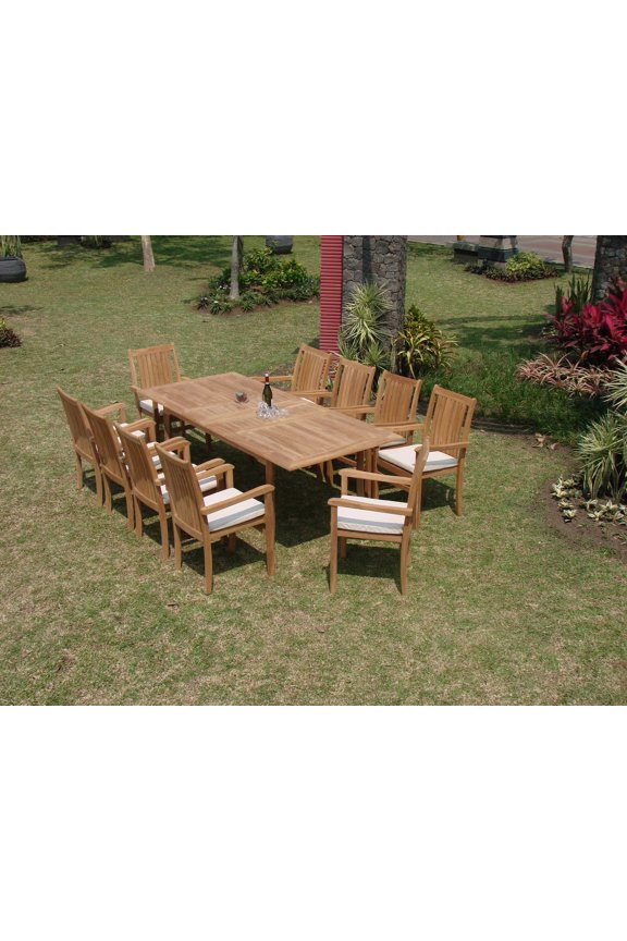 Teak Dining Set:10 Seater 11 Pc - 94" Rectangle Table And 10 Cahyo Stacking Arm Chairs Outdoor Patio Grade-A Teak Wood WholesaleTeak #WMDSCHc